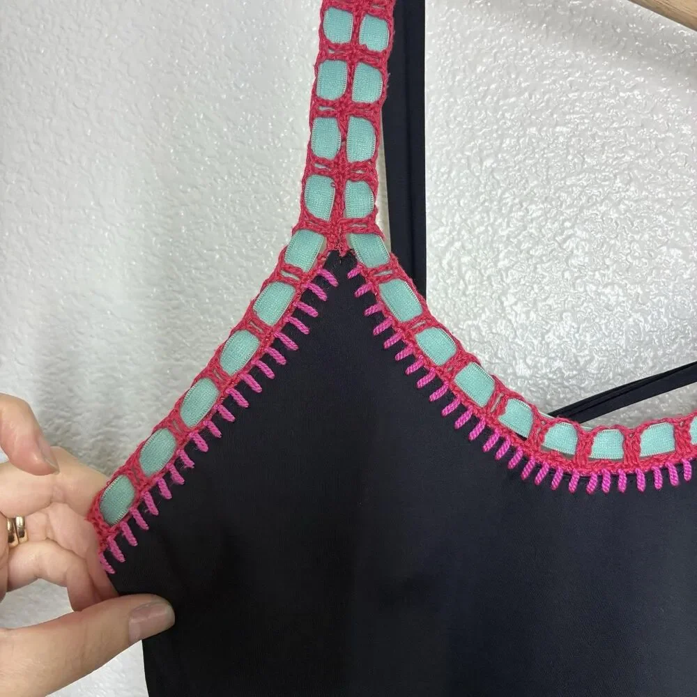 Platinum Swimwear One Piece Swimsuit Womens Small Black Crochet Trim Colorblock